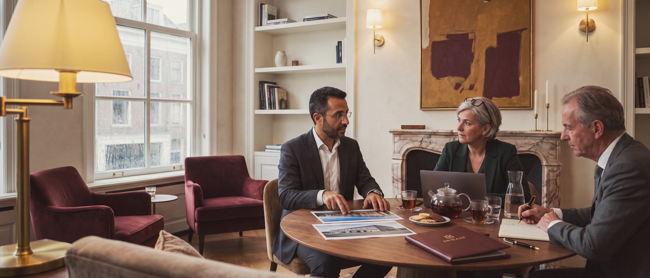 An adviser explains two options to a company owner and a specialist at a round table on a rainy afternoon.