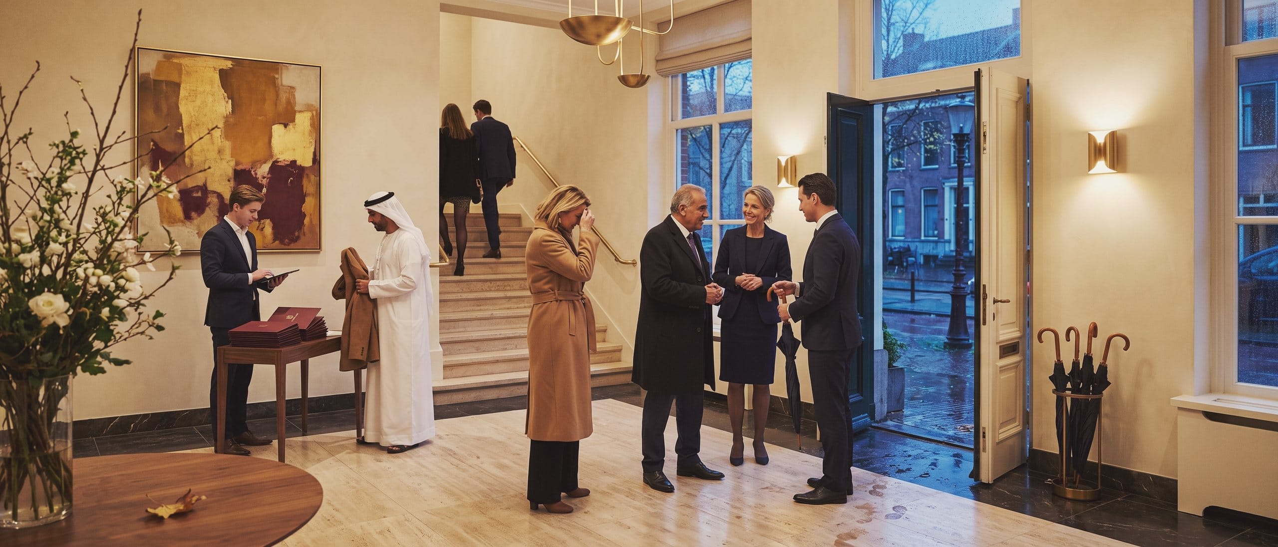 Guests arrive on a rainy evening and are welcomed in the entrance hall.
