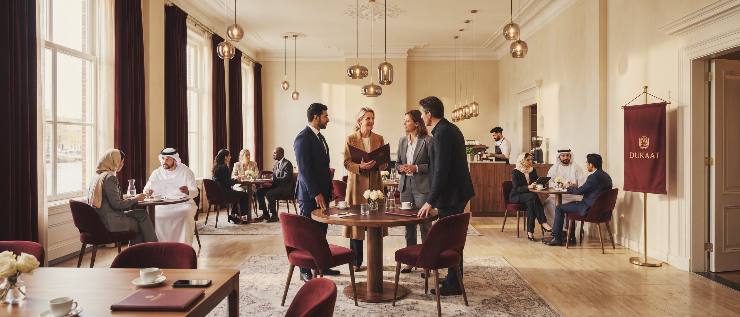 Guests in one-to-one meetings at small tables in a high hall, as a woman from the club guides two guests to their table.