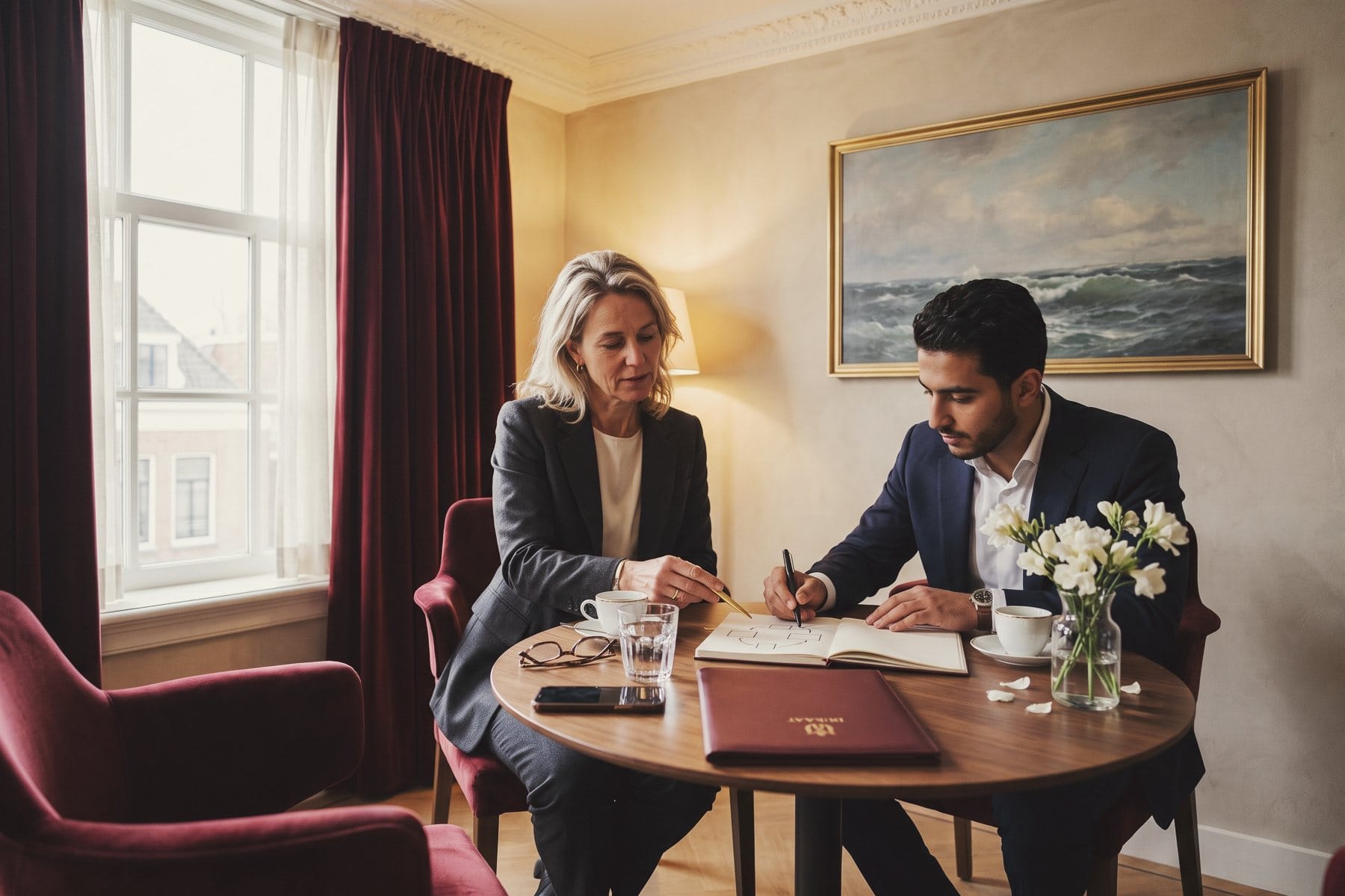 A woman from the club and a young entrepreneur turn a goal into a plan in a notebook.