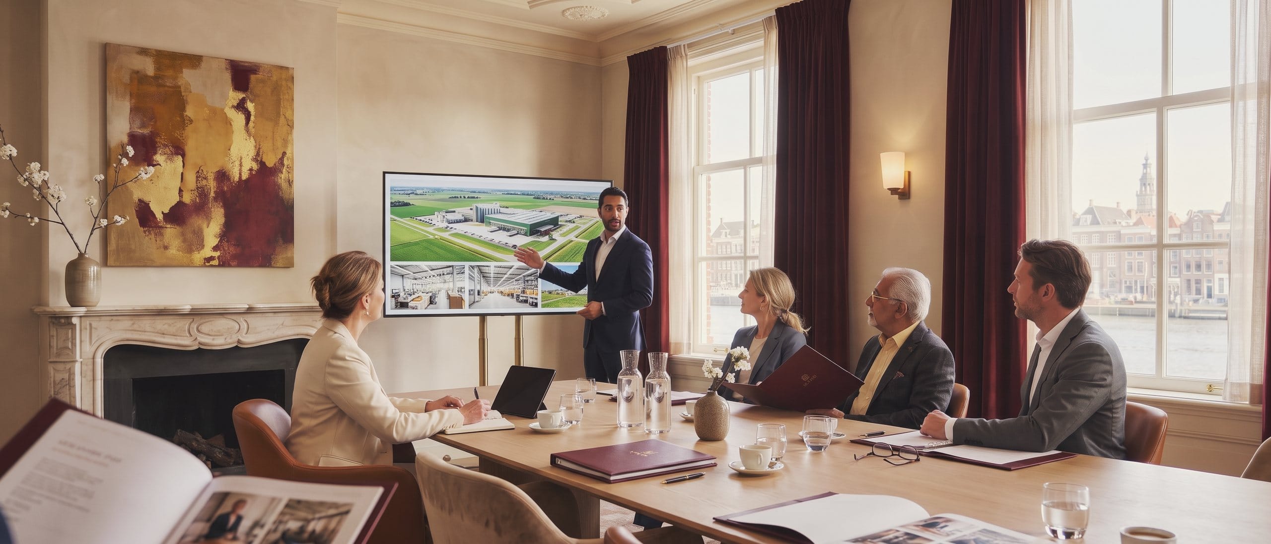 A project owner presents photographs of his project on a screen to a small group at a long table.