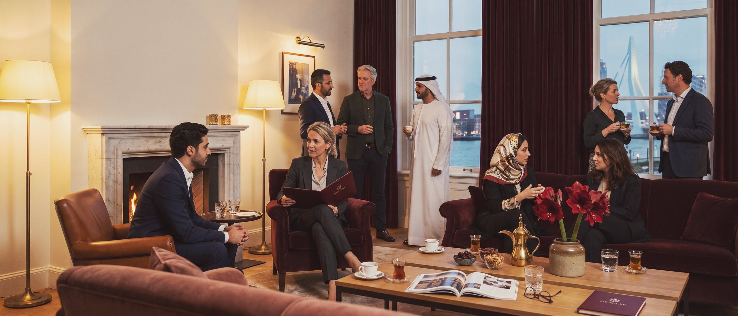 Members meet in the evening in a lounge with a fireplace, as a woman from the club talks one-to-one with a member.