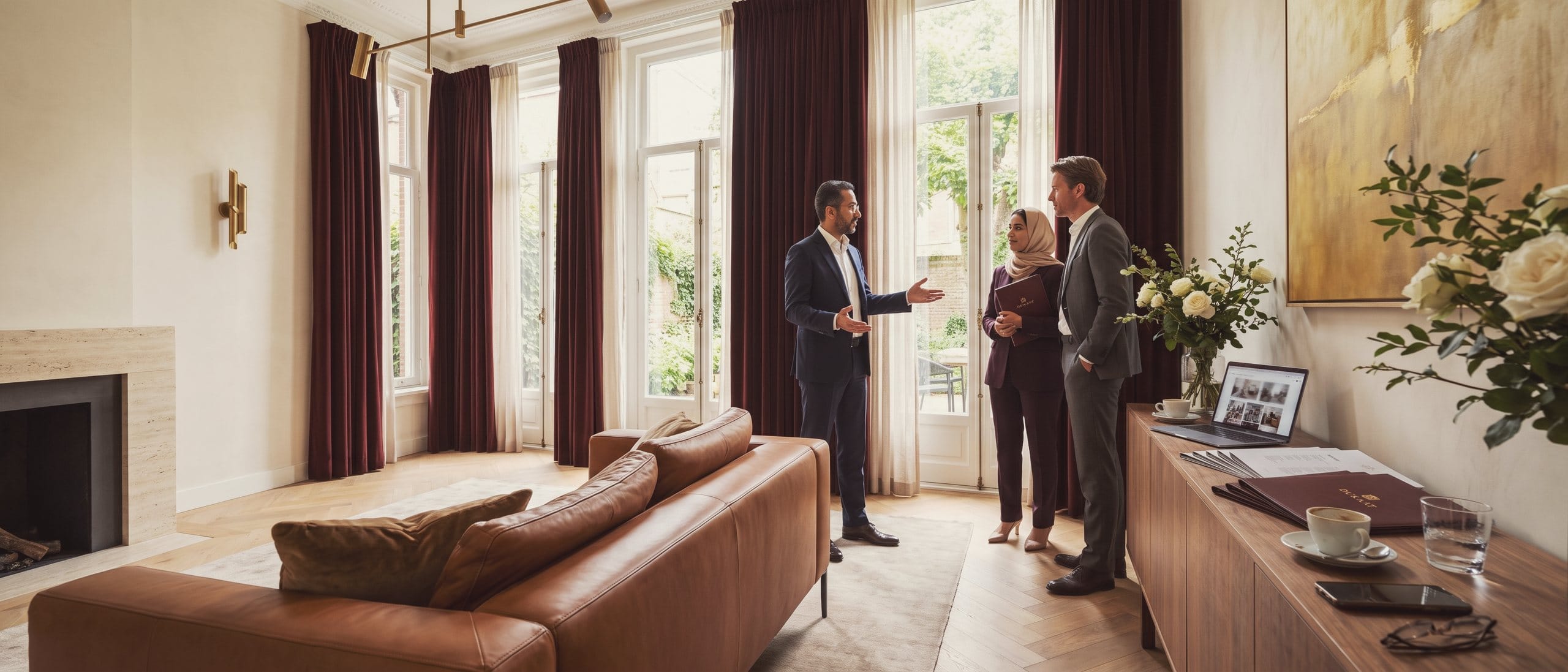 An adviser introduces two entrepreneurs to each other by the tall windows of a garden room.