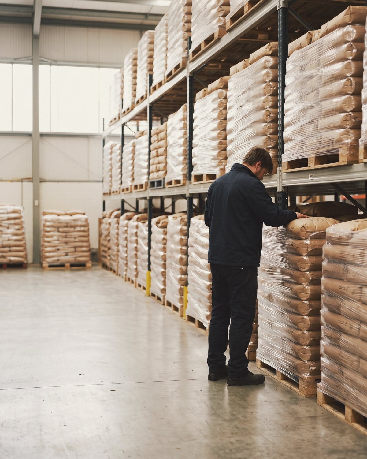 A figure in a dark work jacket, seen from behind, checks stacked pallets of paper sacks in a bright store.