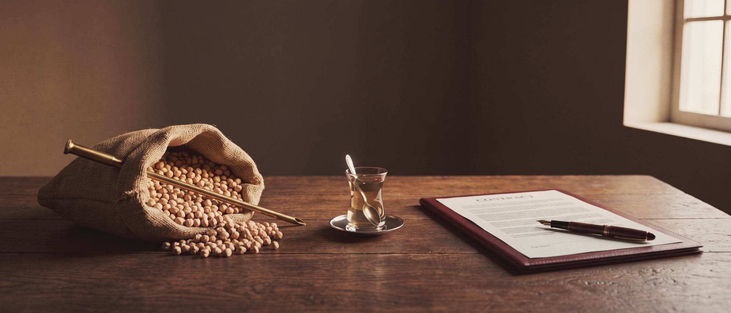 A jute sack of chickpeas with a brass probe, a tea glass and a contract on oxblood leather.