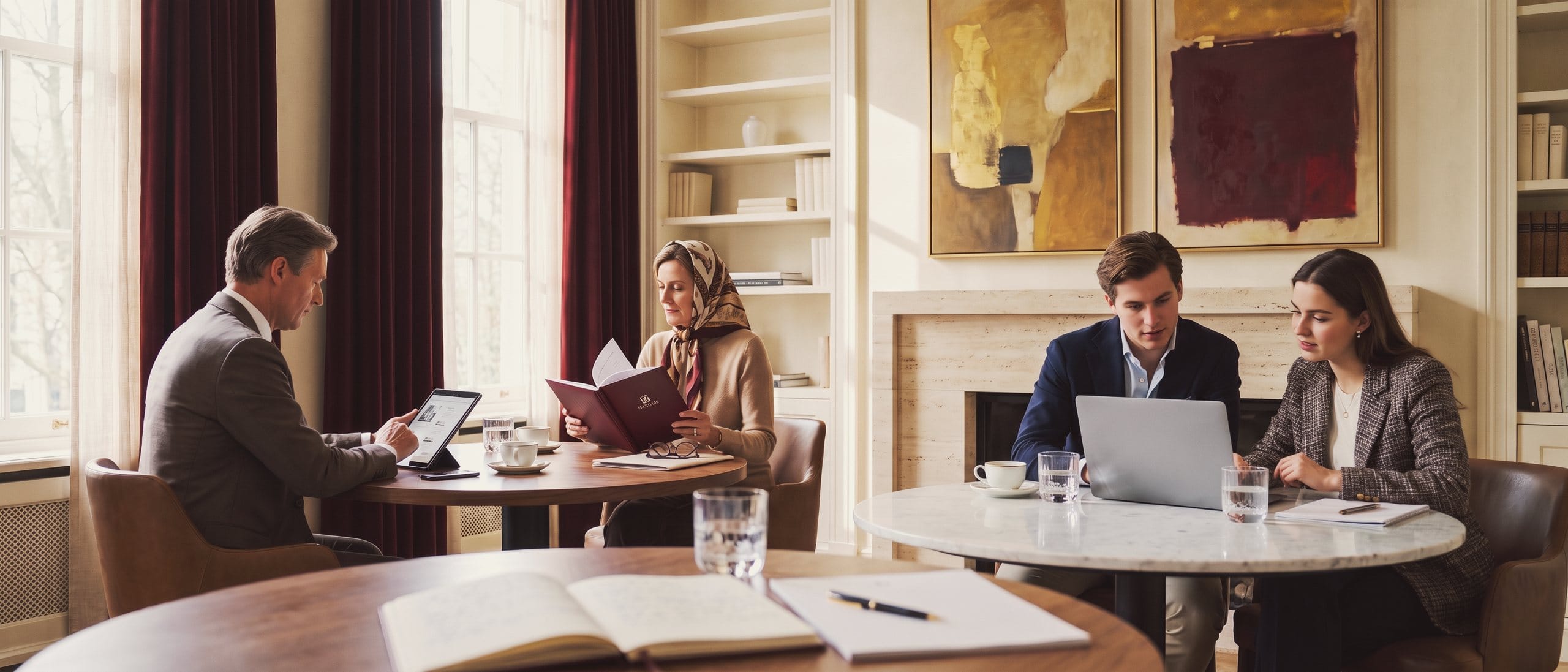 Members look up other members in a library, on a tablet, a laptop and a printed directory.