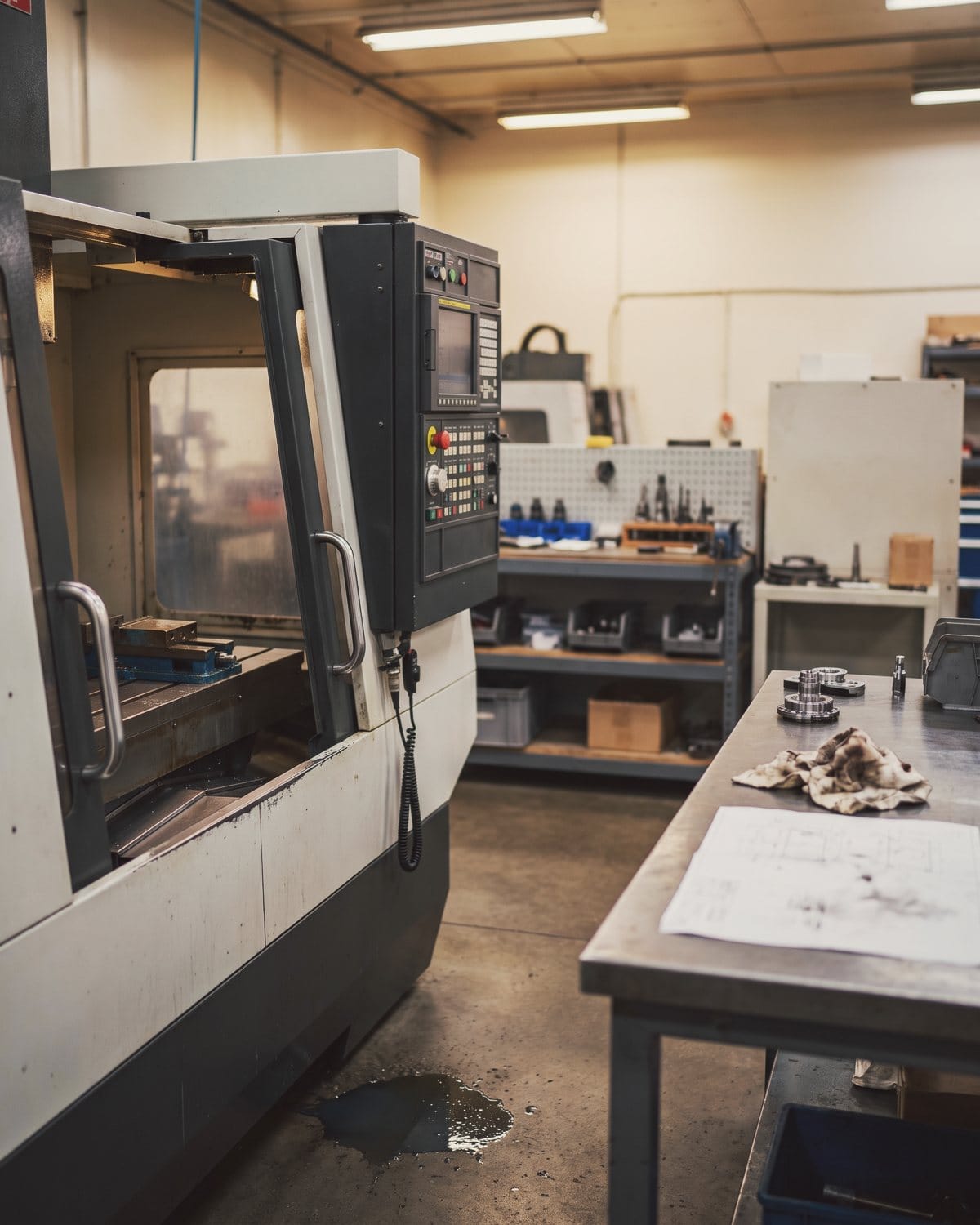A used CNC milling machine with its door open in a clean workshop, machined parts on the bench beside it.