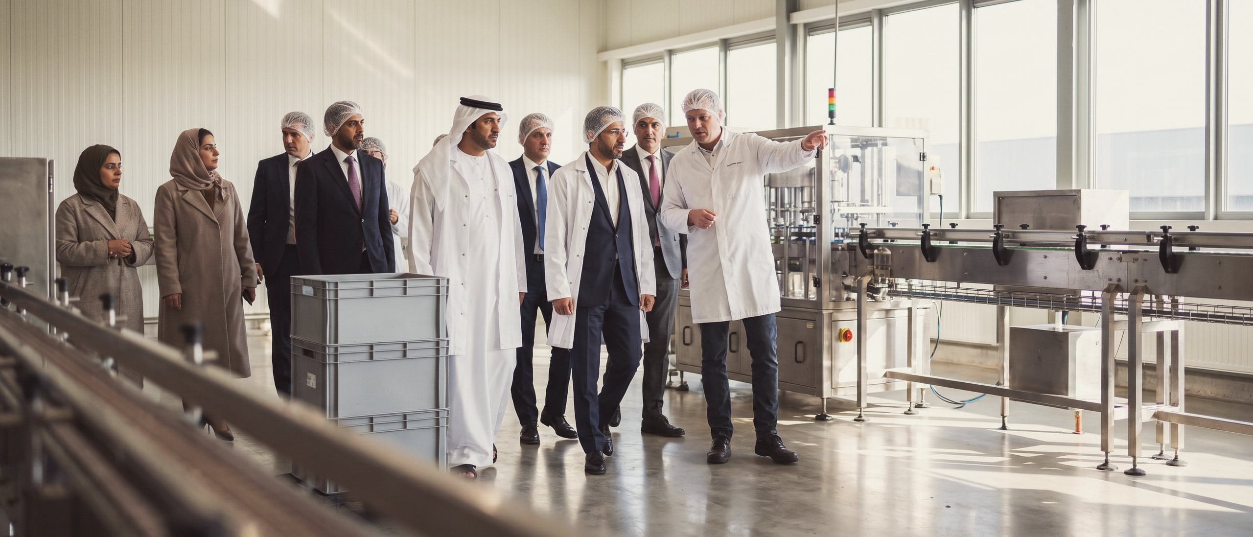 وفد أعمال من العالم العربي يتجول في مصنع أغذية هولندي بينما يشرح المدير أحد خطوط الإنتاج.