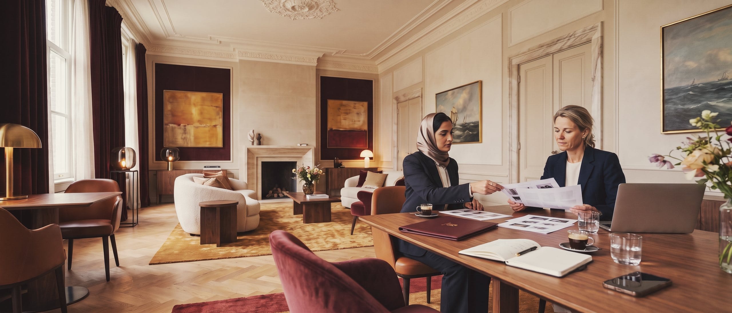 A procurement manager hands a printed specification to a woman from the club, who reads it attentively.