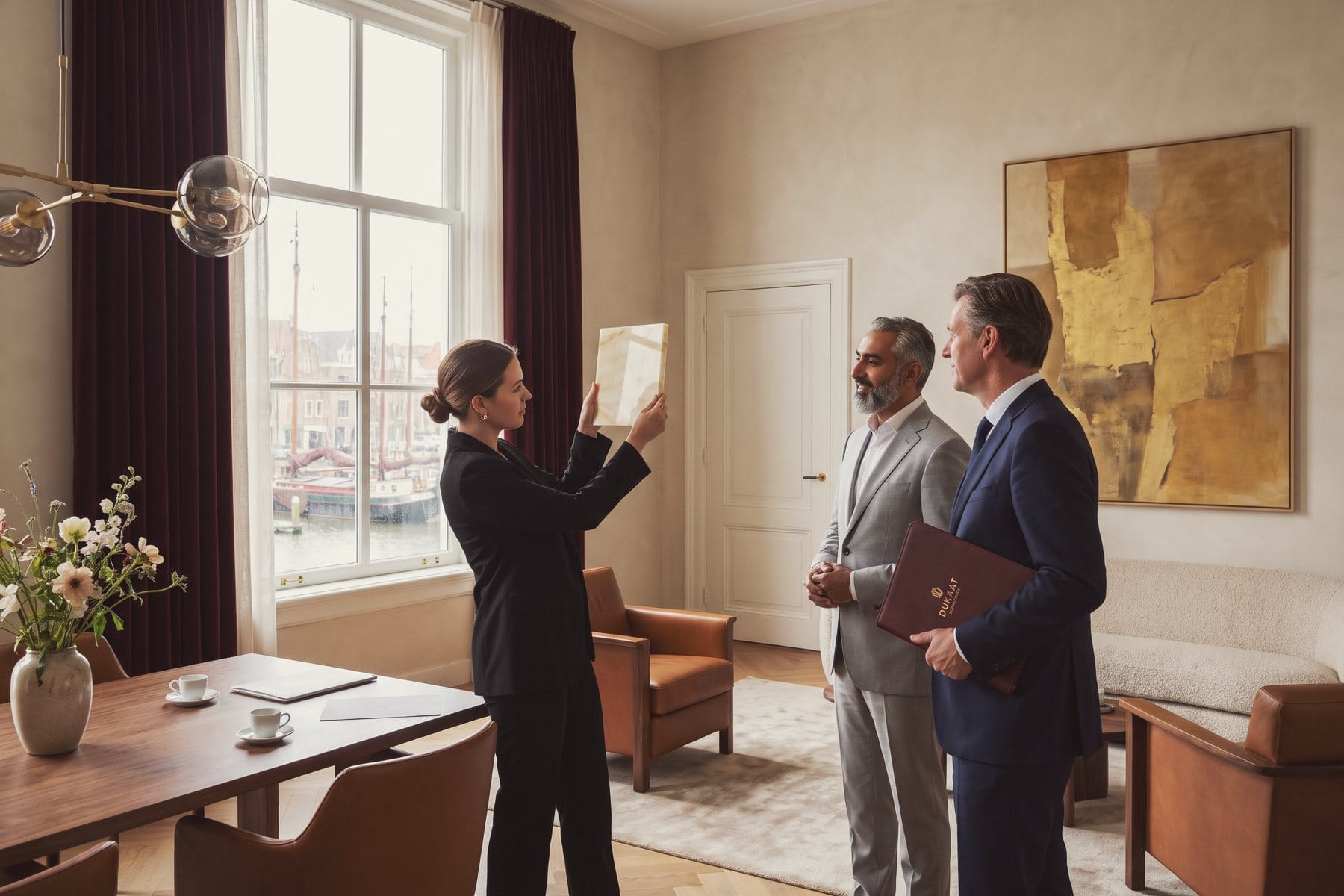 A distributor holds a marble sample up to the window light while the producer and an adviser look on.